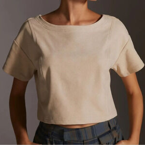 Pilcro Faux Suede Short Sleeve Cropped Tee in Pearl - Size S/M